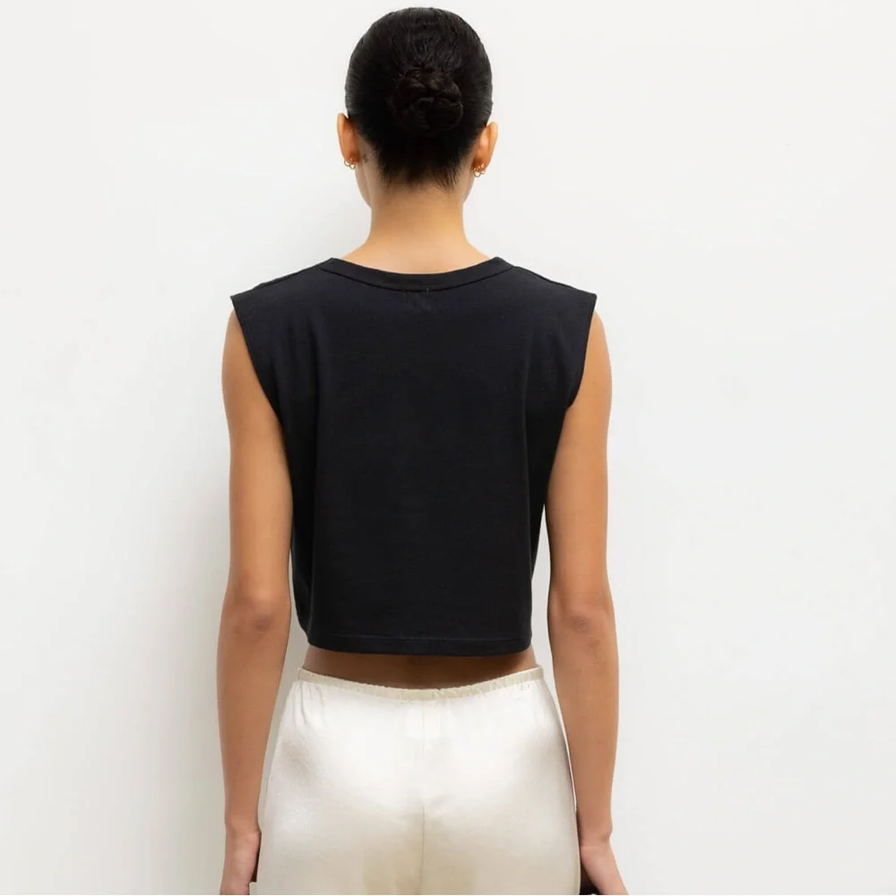 Leset Margo Black Sleeveless Cotton Cropped Crew Neck Tank Top EUC Size M - Picture 3 of 11